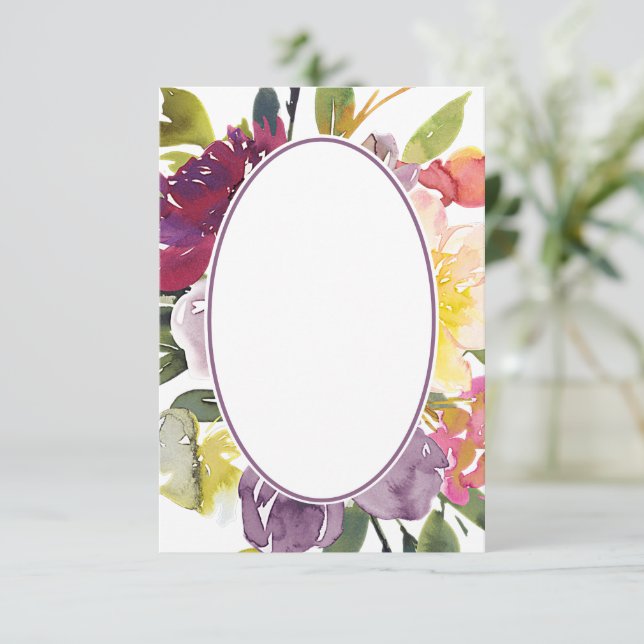 Convite Vazio de casamento floral púrpura e amarelo (Em pé/Frente)