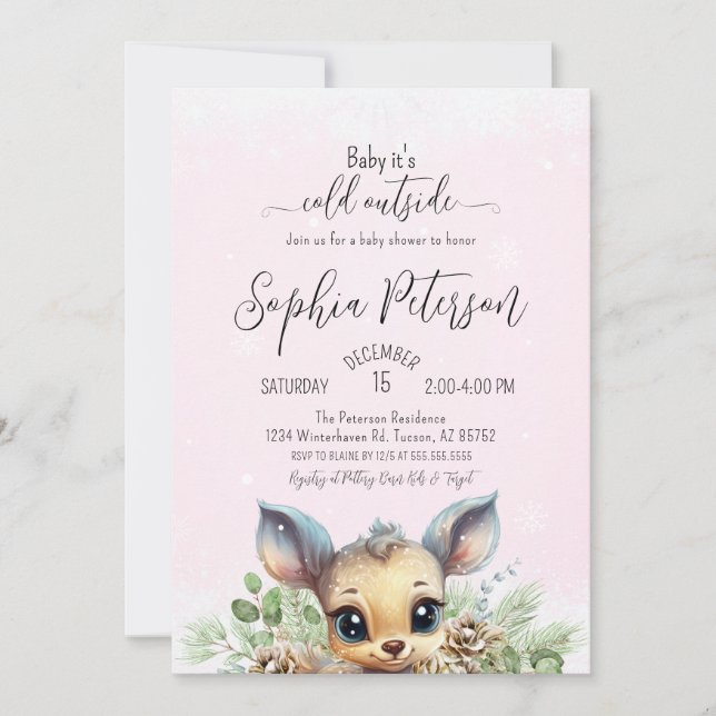 Convite Veado de Chá de fraldas Rosa, Frio de Neve Inverno (Frente)