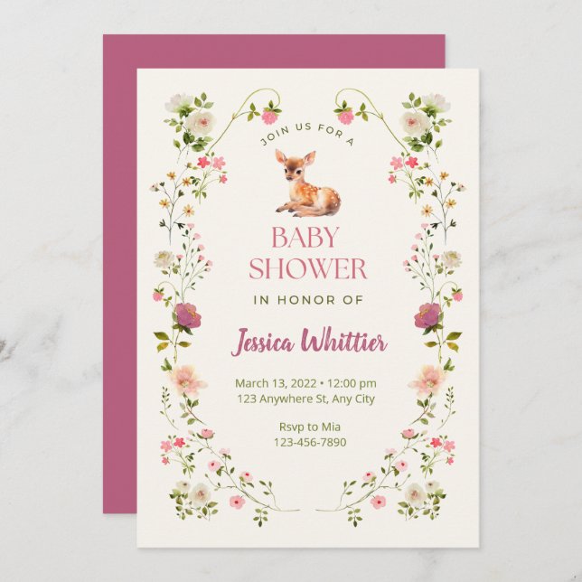 Convite Veado rosa e verde e Chá de fraldas floral (Frente/Verso)