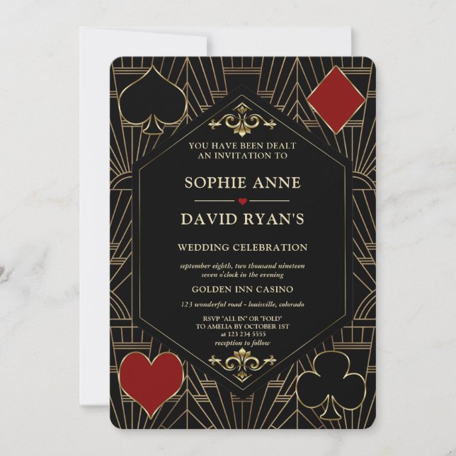 Convite Vegas Gold Art Deco Casino QR Code Poker Wedding  (Frente)
