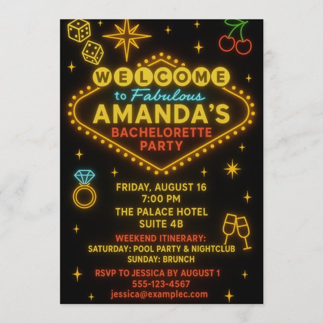 Convite Vegas Neon Sign Bachelorette Party Invitation  (Frente)