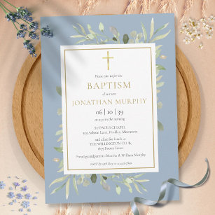 Convite Vegetação Floral Azul Empoerado Batismo de Menino