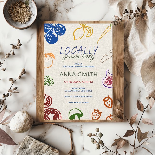 Convite Vegetais Desenhados Para Mão De Chá de fraldas Cul (Locally Grown Baby Farmer's Market Baby Shower Farm Raised Hand Drawn Illustrated Colorful Invite)