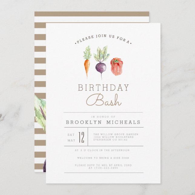 Convite Veggie Patch | Watercolor Birthday Bash (Frente/Verso)