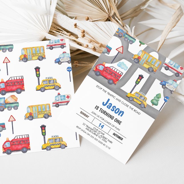 Convite Veículos de transporte ou primeiro aniversario rod (Cute boy's transport themed first birthday invitation featuring various vehicles and grey road.)