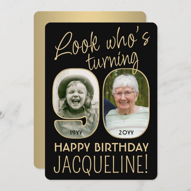 Convite Veja quem é 90 Black & Dourado Festa de aniversári (Frente/Verso)