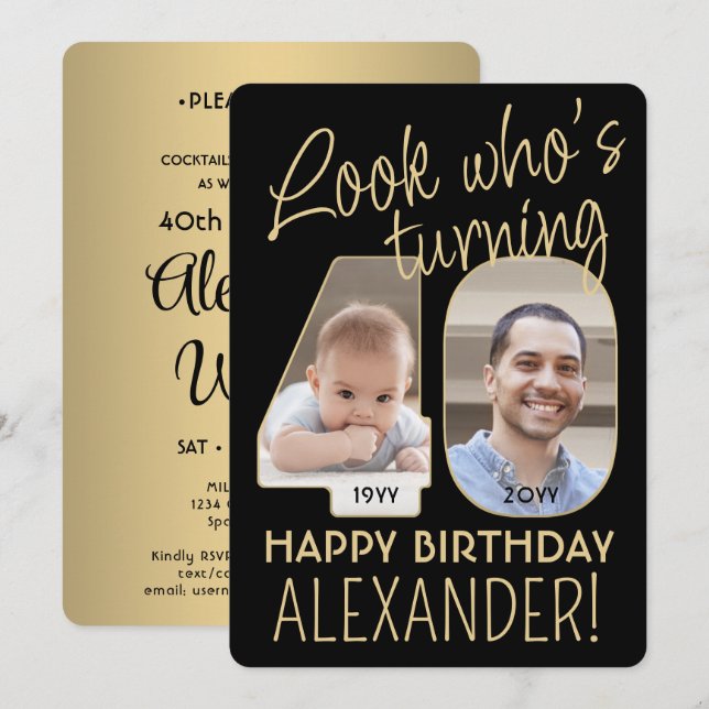 Convite Veja quem é a 40 Festa de aniversário 2 Preta e Do (Frente/Verso)