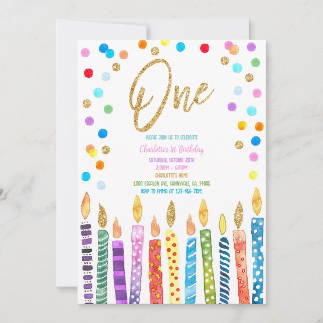 Convite Vela de Aniversário de Pastel de Arco-íris Confete (Frente)