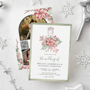 Convite Vela de Natal com Poinsettia Rústica Código QR Cas