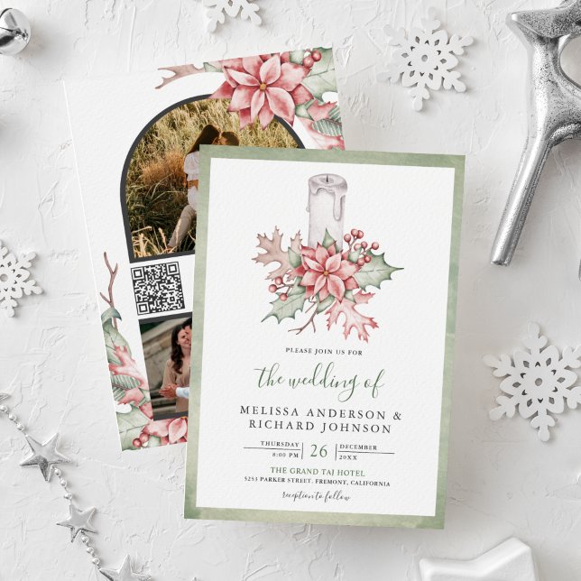 Convite Vela de Natal com Poinsettia Rústica Código QR Cas (Criador carregado)