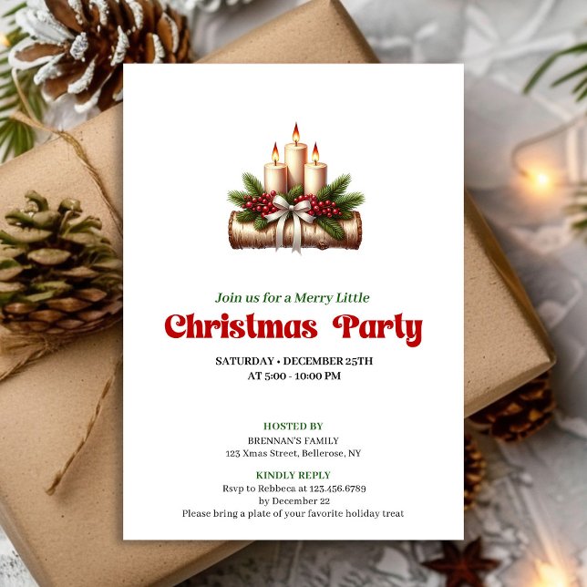 Convite Velas de Azevinho Elegantes Festa de Natal (Elegant Holly Berries Candles Christmas Party Invitation)