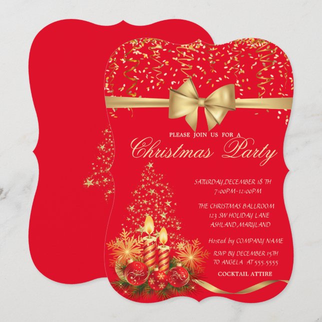 Convite Velas de Natal Elegantes, Árvore Vermelha da Empre (Frente/Verso)
