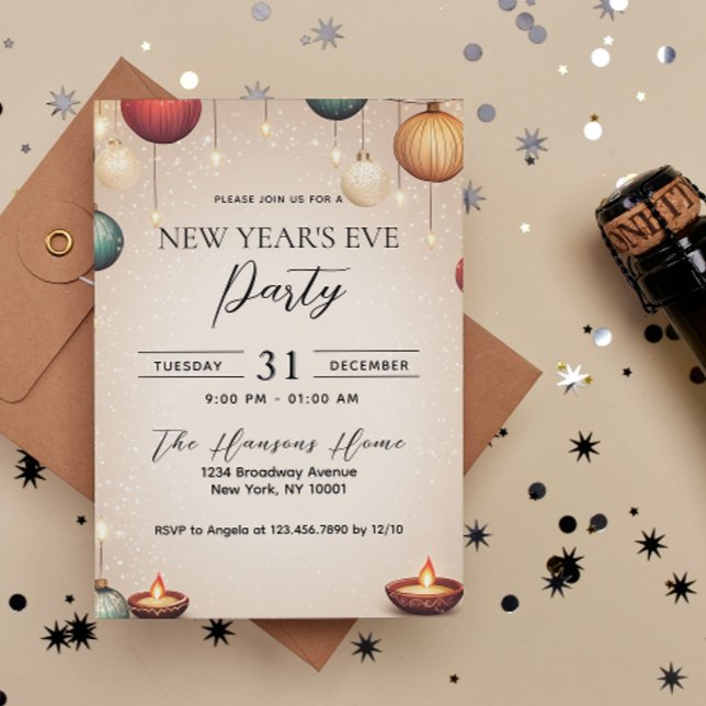Convite Velas e ornamentos Beige Partido da Véspera de Ano (Criador carregado)