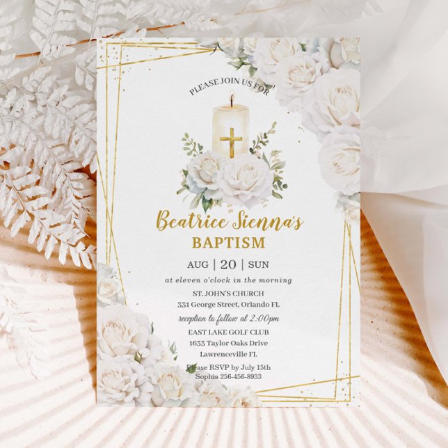 Convite Velas Florais de Rosas Brancas Chic para Batismo (Criador carregado)