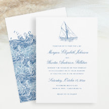 Veleiro e Ondas Azul Marinho Elegante Casamento
