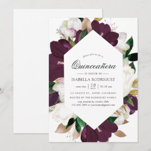 Convite Veludo e Floral Branco e Ameixa Escura Quinceañera