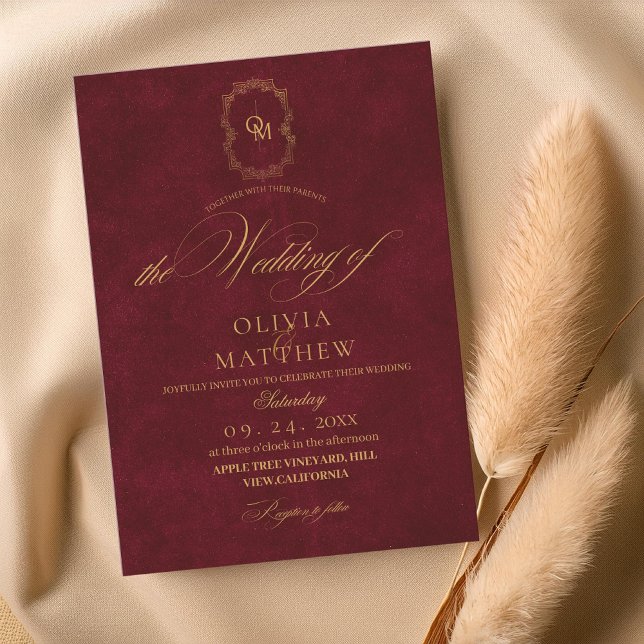 Convite Velvet Burgundy Script Wedding (Criador carregado)