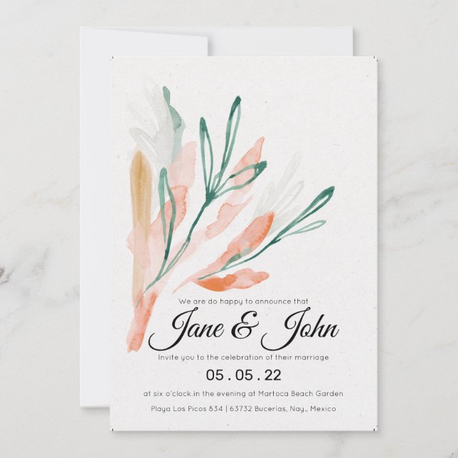 Convite Velvet Jade Peach Foliage Wedding (Frente)