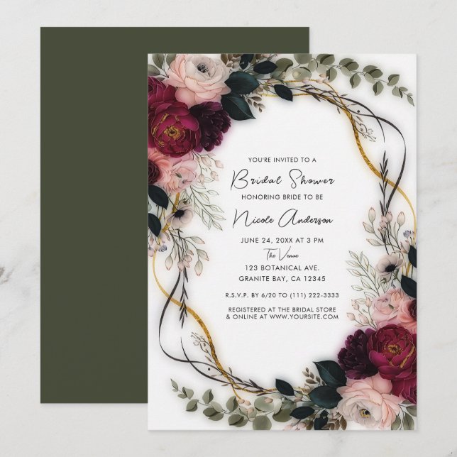 Convite Velvet Plum Garden Floral Greenery Bridal Shower (Frente/Verso)