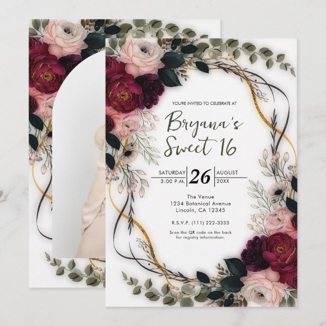 Convite Velvet Plum Garden Floral Greenery Sweet 16 (Frente/Verso)