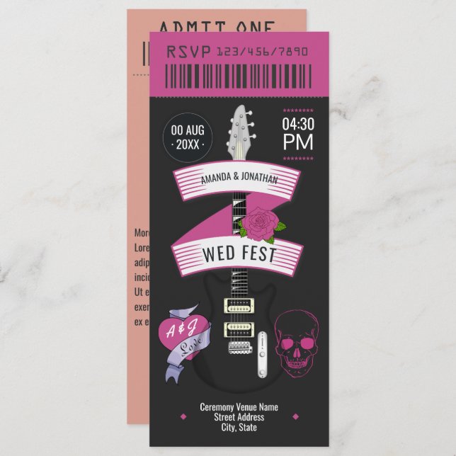 Convite Velvet Thunder Rock ’n’ Roll Wedding Ticket (Frente/Verso)