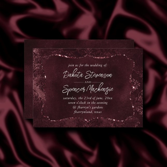 Convite Velvety Wine Damask | Bordeaux Sangria Grunge Glam (Criador carregado)