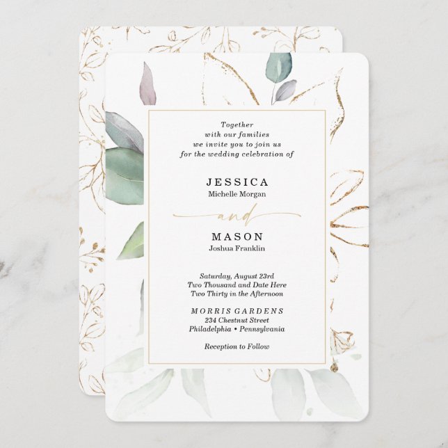 Convite Veneração de Aquarela com Sage e Casamento Dourado (Frente/Verso)