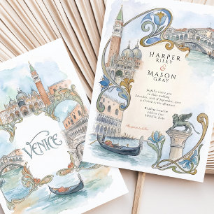 Convite Veneza Itália Aquarela Pontos Turísticos Casamento