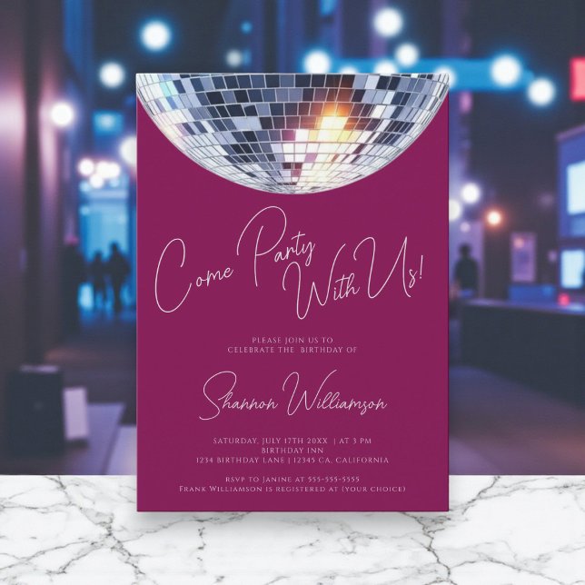 Convite Venha festejar rosa bola de discoteca moderna aniv (Criador carregado)