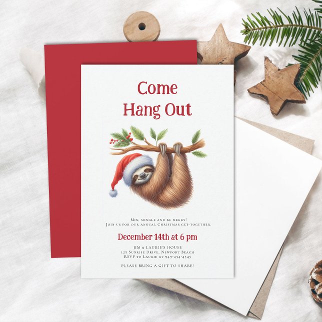 Convite Venha Sloth Branch Engraçado Festa de Natal (come hang out funny sloth christmas party invitation family winter holiday cute minimalist modern)