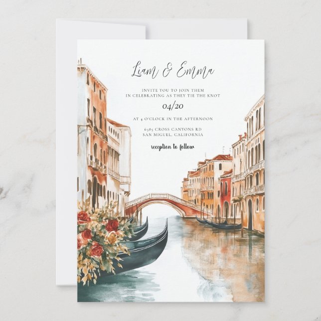 Convite Venice Itália Watercolor Wedding (Frente)
