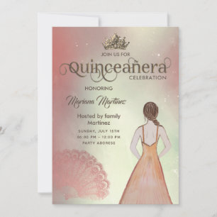 Convite Ventilador de mão rosa, cor-de-água, tiara Quince