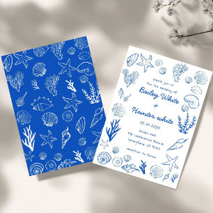 Convite Verão Conchas Moldura Praia Casamento Azul