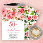 Convite Verão cor-de-rosa Floral Bonito 50º aniversário<br><div class="desc">Rosas, peonias e margaridas criam o design floral rosa-rosa bonito de verão. Os botões e a folhagem adicionam uma vibração rústica. O 50º está escrito em um grande texto em negrito. Pode ser mudado para qualquer ano que você quiser. O nome do celebrante de aniversário é escrito em uma fonte...</div>