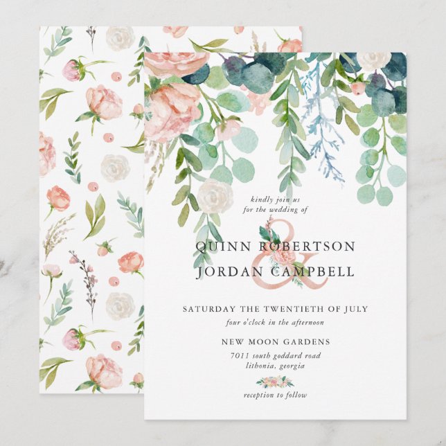 Convite Verão Corado | Casamento Floral em Aquarela (Frente/Verso)