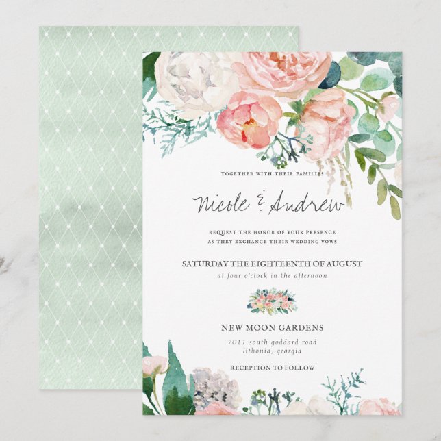 Convite Verão Corado | Casamento Floral em Aquarela (Frente/Verso)