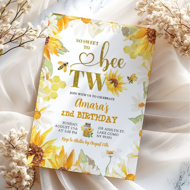 Convite Verão Daisy Sunflower Bee Segundo Aniversário (Criador carregado)