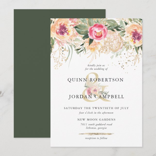Convite Verão Indiano | Casamento de Peônias Rosa em Aquar (Frente/Verso)