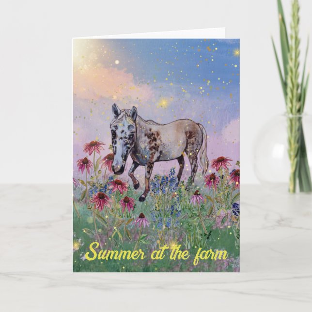 Convite Verão na fazenda, flores brancas, cavalo, sol (Frente)