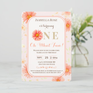 Convite Verão Peach Daisy•Bebê Menina Personalizado 1º Ani