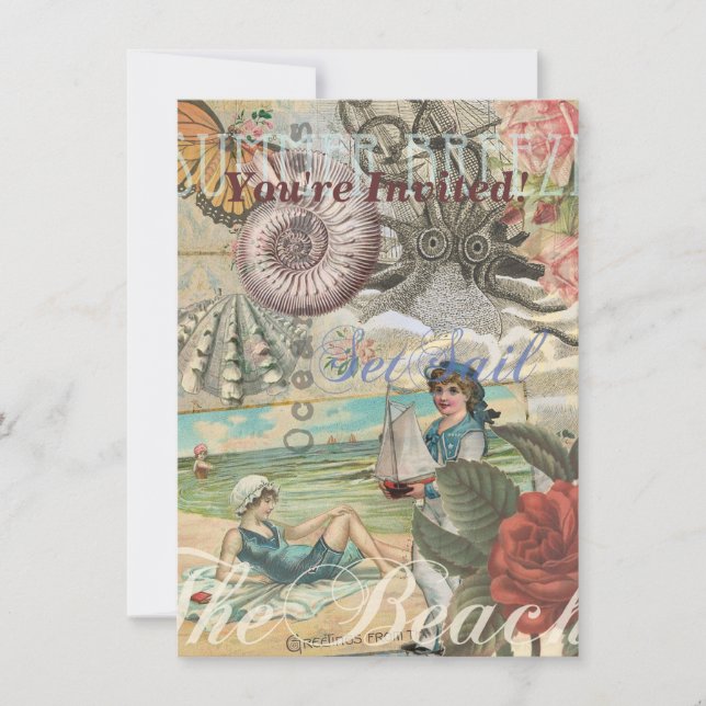 Convite verão praia vintage polvo antiguidades navegação (Frente)