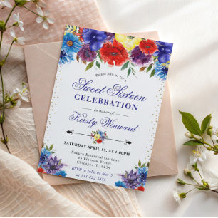 Convite Verão Vermelho e Azul Boho Flores Doce Dezesseis