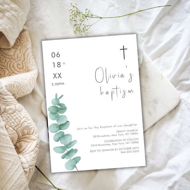 Convite Verdade Moderna Russa Eucalyptus Cross Baptism (Rustic Modern Greenery Eucalyptus Cross Baptism Invitation)