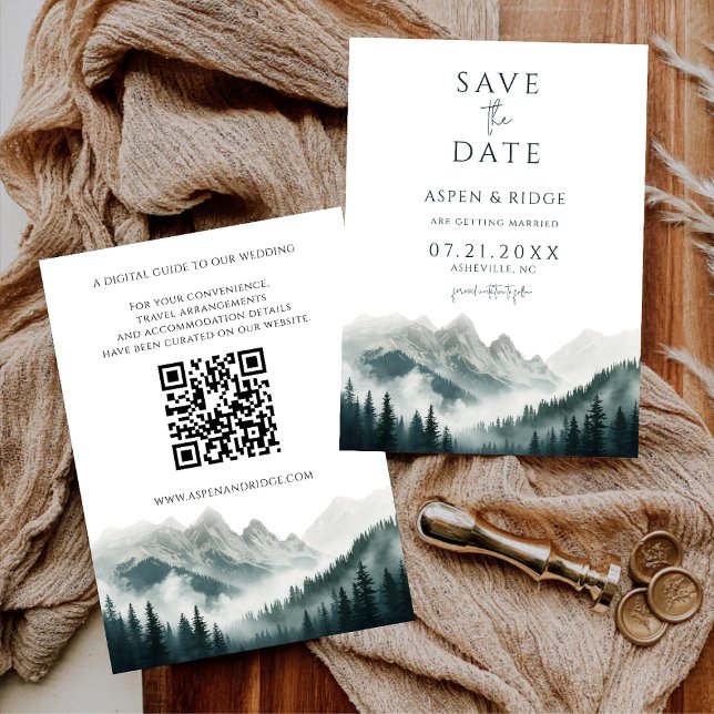 Convite Verdant Peaks Misty Forest Save the Date QR Code (Criador carregado)