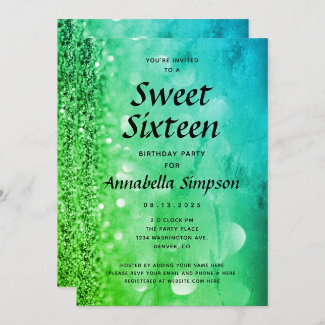 Convite Verde Azul Brilhante Doce Dezesseis 16º Aniversári (Frente/Verso)