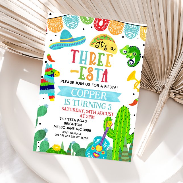 Convite Verde Azul É Um Paraíso Três-Pés (Three-esta Fiesta Boy Birthday Invitation, Threeesta Fiesta 3rd Birthday Invite, Mexican Fiesta )