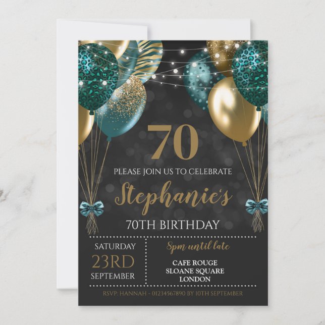 Convite Verde Azulado Dourado 70º Aniversário (Frente)