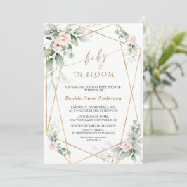 Convite Verde Blush Floral Dourado Deixa Bebê em Sangue