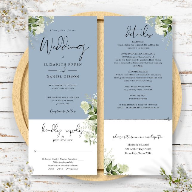 Convite Verde Botânico Azul Pobre Tudo Em Um Casamento (Botanical Greenery Dusty Blue All In One Wedding Invitation)