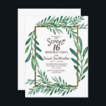 Convite Verde Botânico deixa Dourado branco doce 16<br><div class="desc">Folhas lindas e elegantes de verde botânico num convite de aniversário branco Sweet 16 com sotaques dourados.</div>